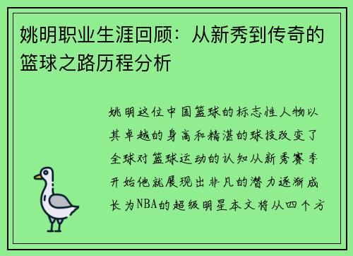 姚明职业生涯回顾：从新秀到传奇的篮球之路历程分析